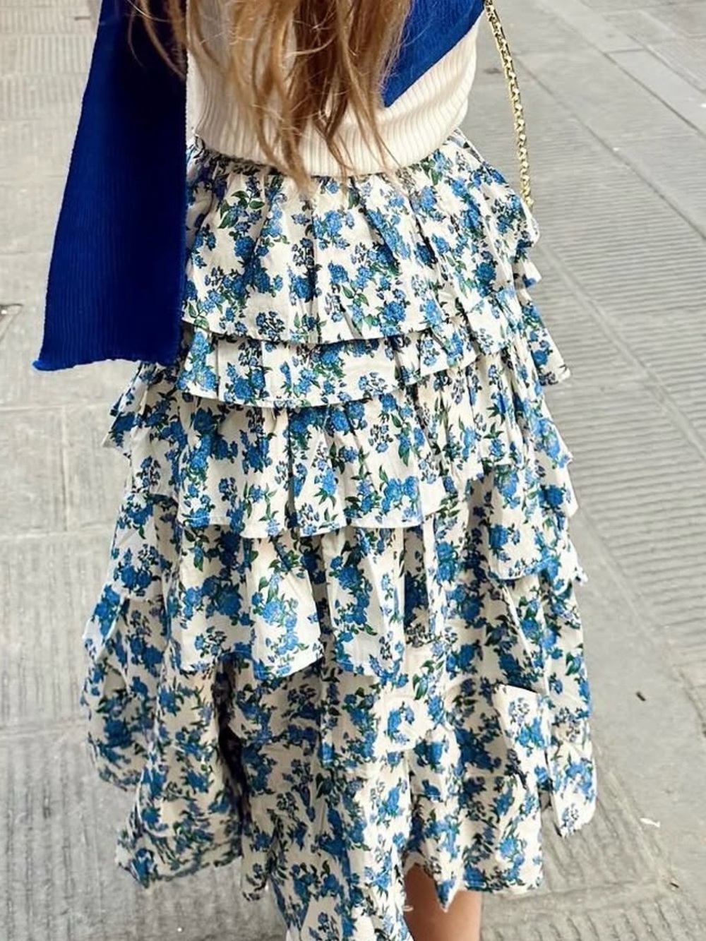 AUREUM White Skirt with Blue Floral Ruffles